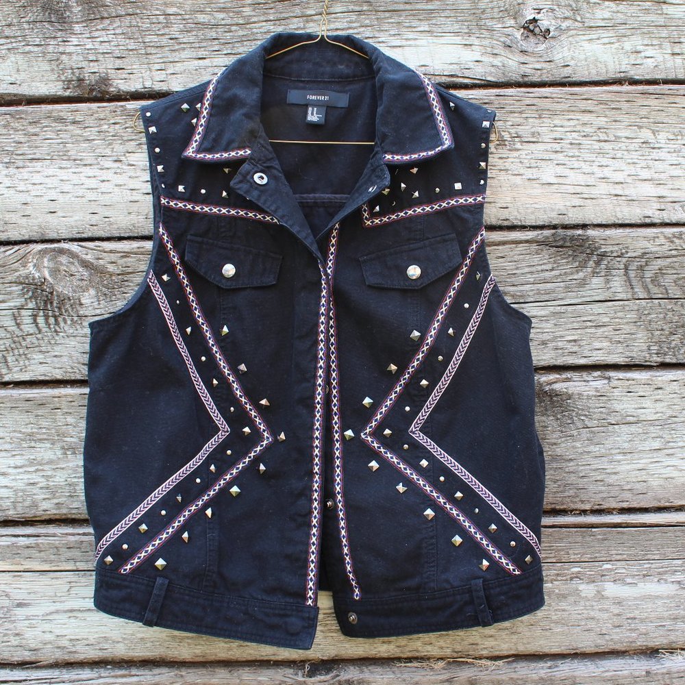 STUDDED EMBROIDERED DENIM VEST